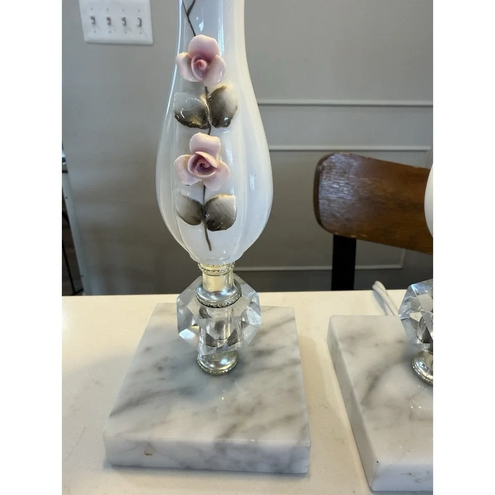 Vintage Porcelain Boudoir Lamps (2) Marble Base Roses Green Pink White Gold 50's